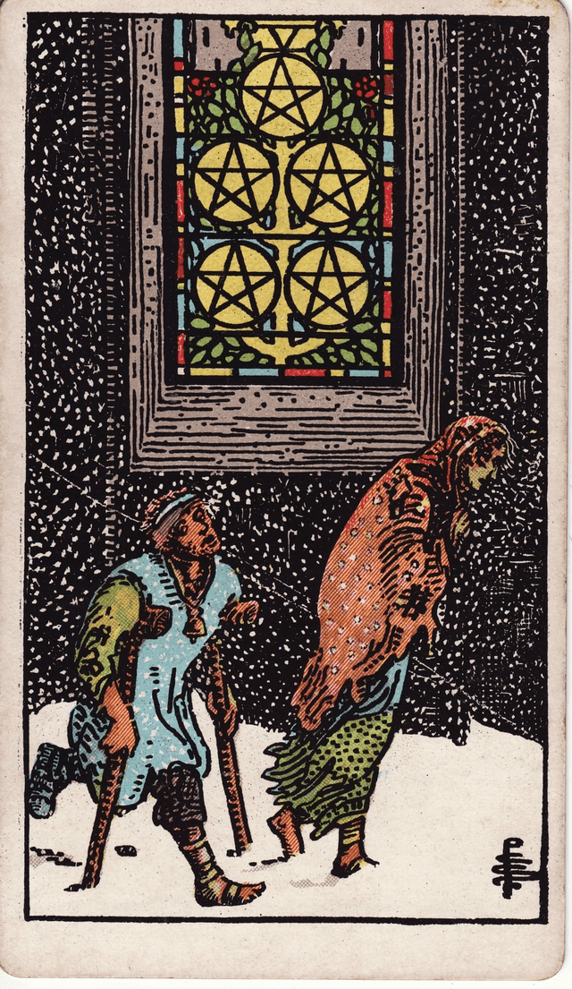 Traditional version of Five of Pentacles