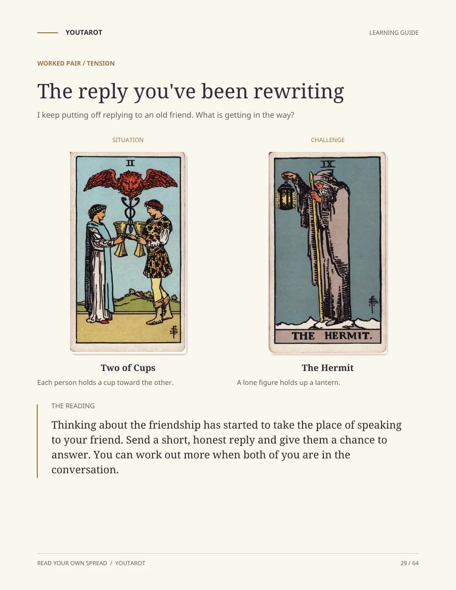 A guide page with Two of Cups and The Hermit, and a reading about replying to a friend